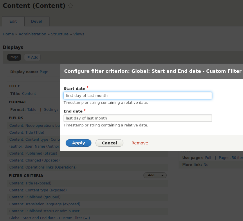 Start and End date - Custom views filter - Drupal