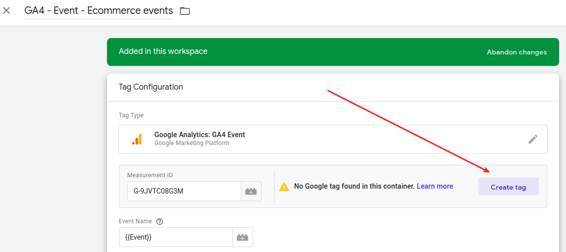 GTM No google tag found in this container warning - Create tag