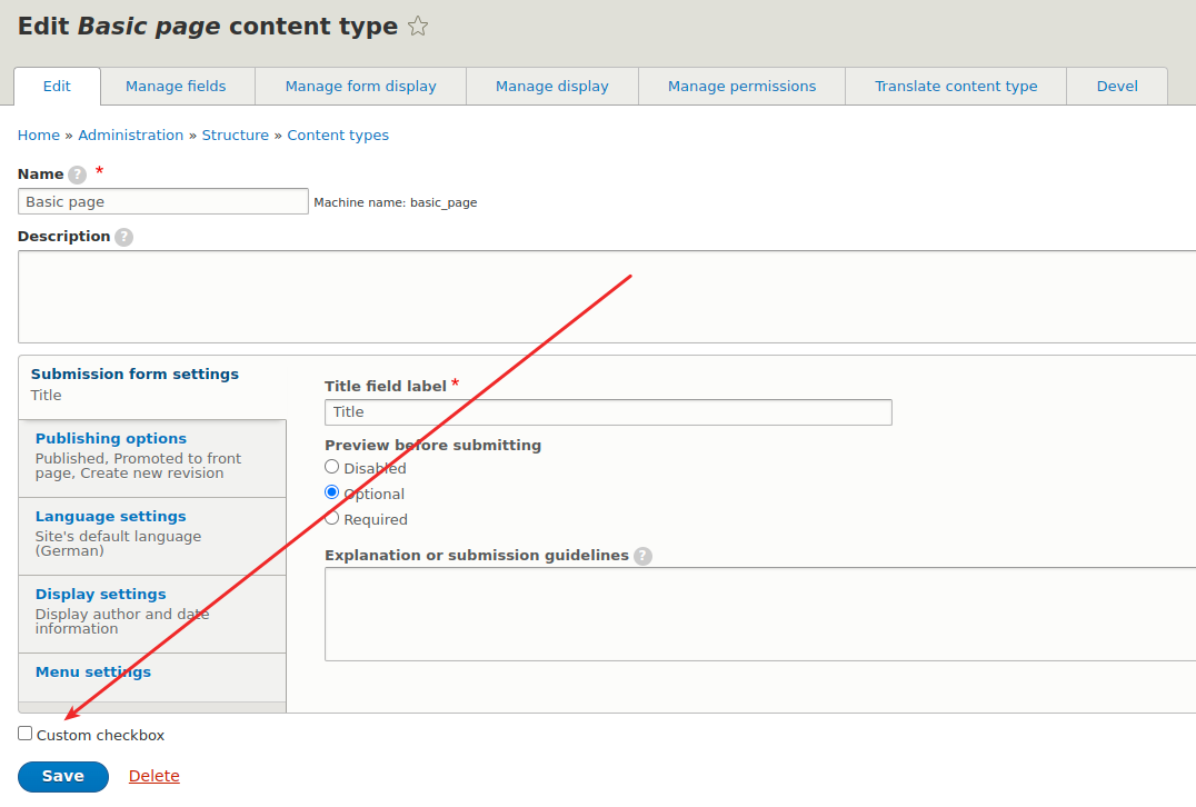 Node type form 3rd party settings - Drupal