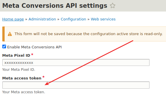 Meta Pixel access token configuration