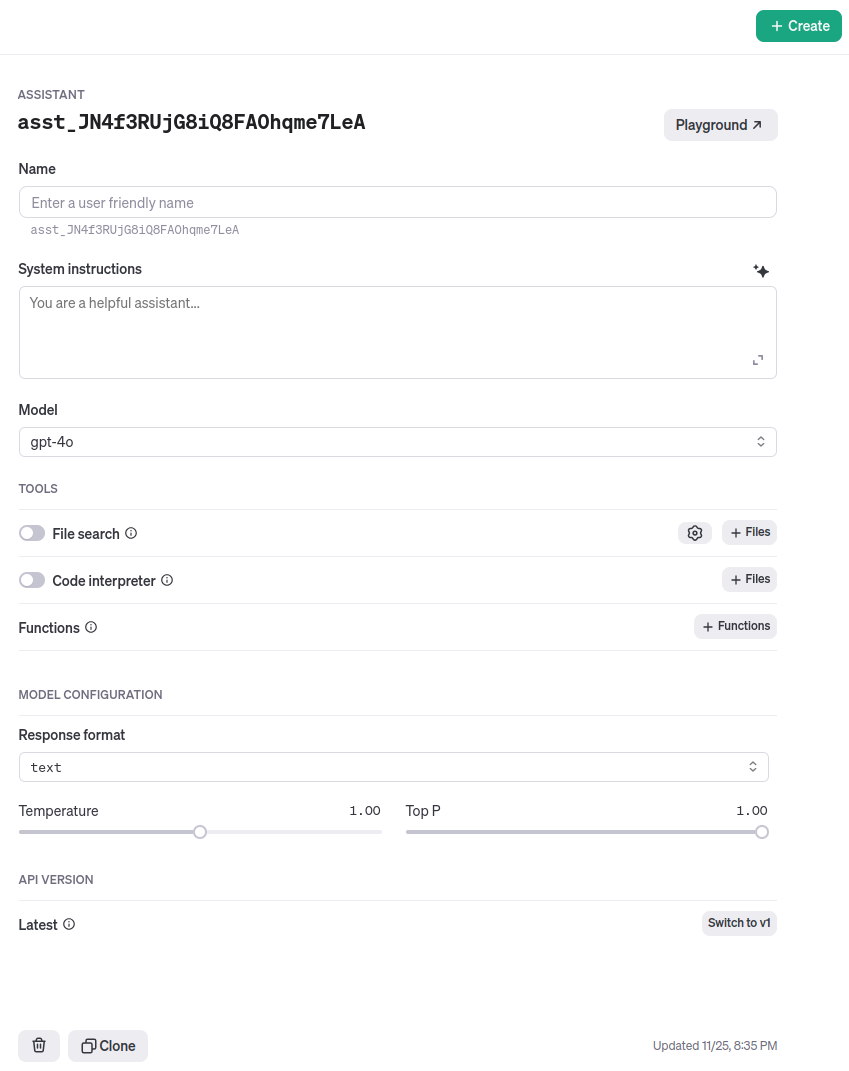 OpenAI Assistant API - Create a new assistant via playground