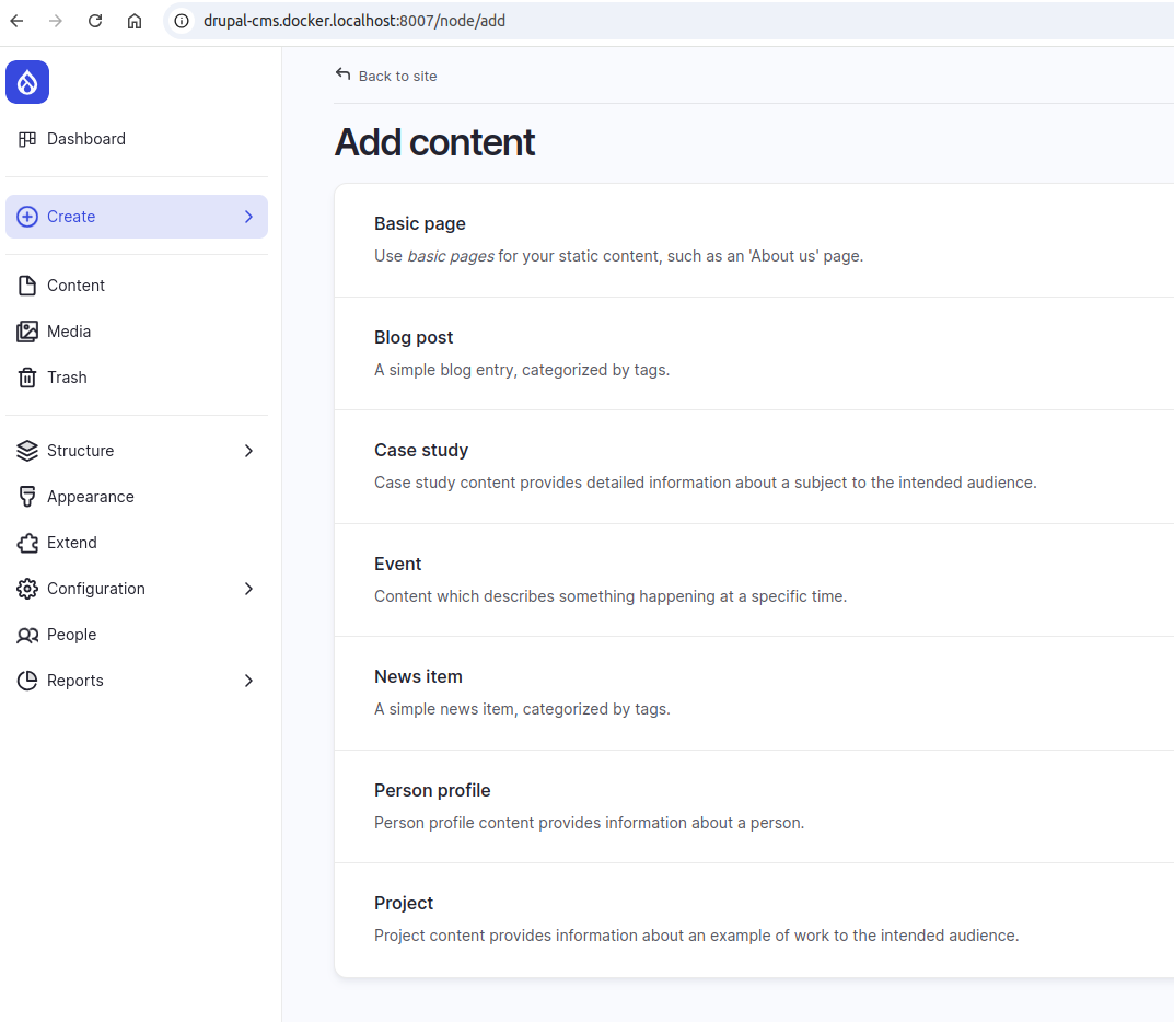 Drupal CMS - Available content types
