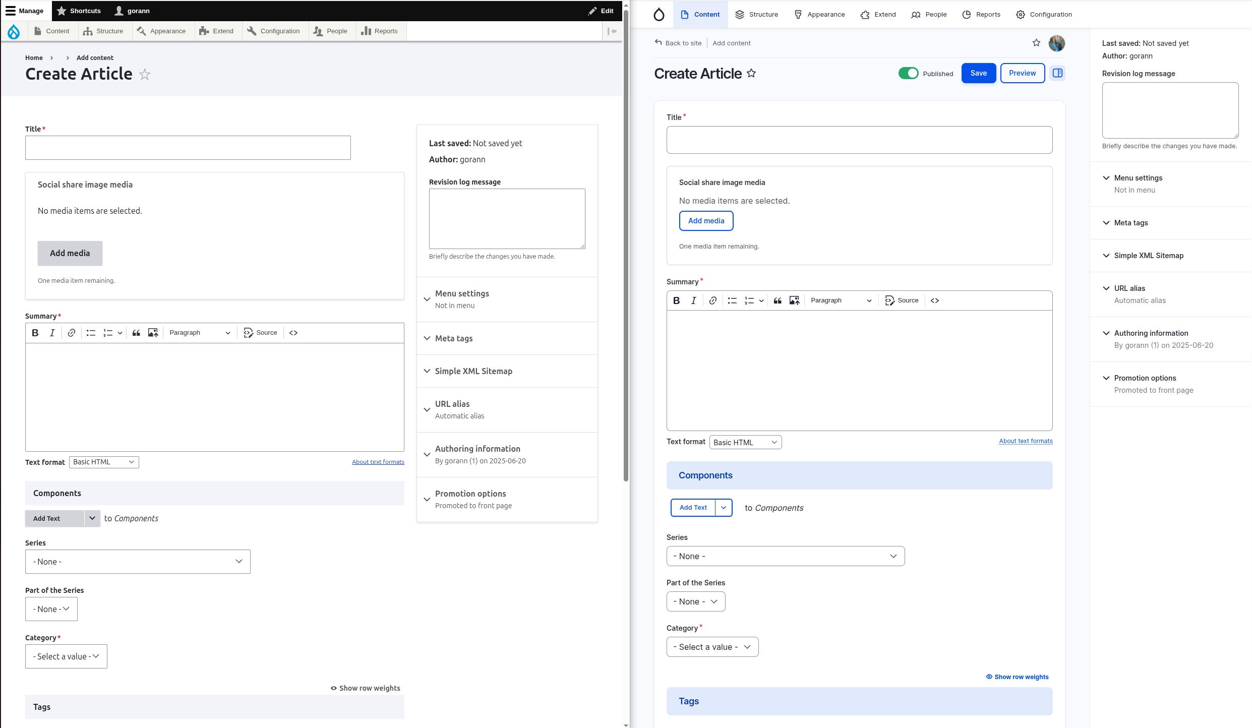 Claro vs Gin theme - Add content page look and feel