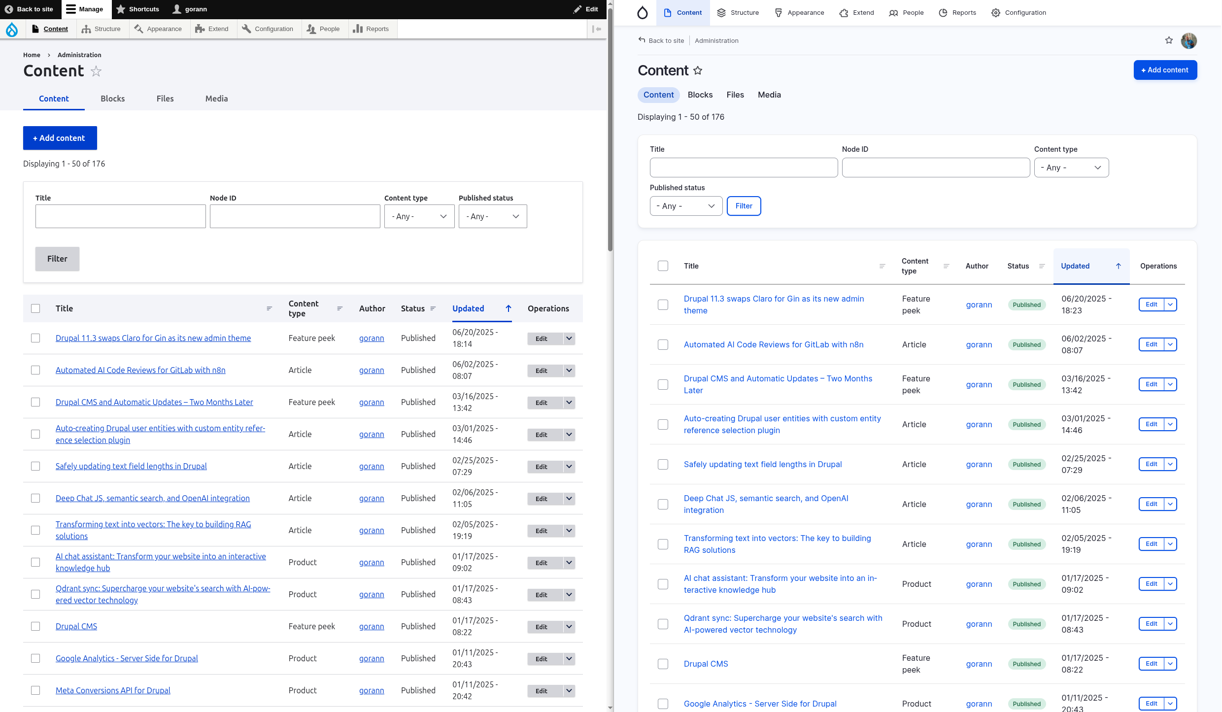 Claro vs Gin theme - Content overview page look and feel