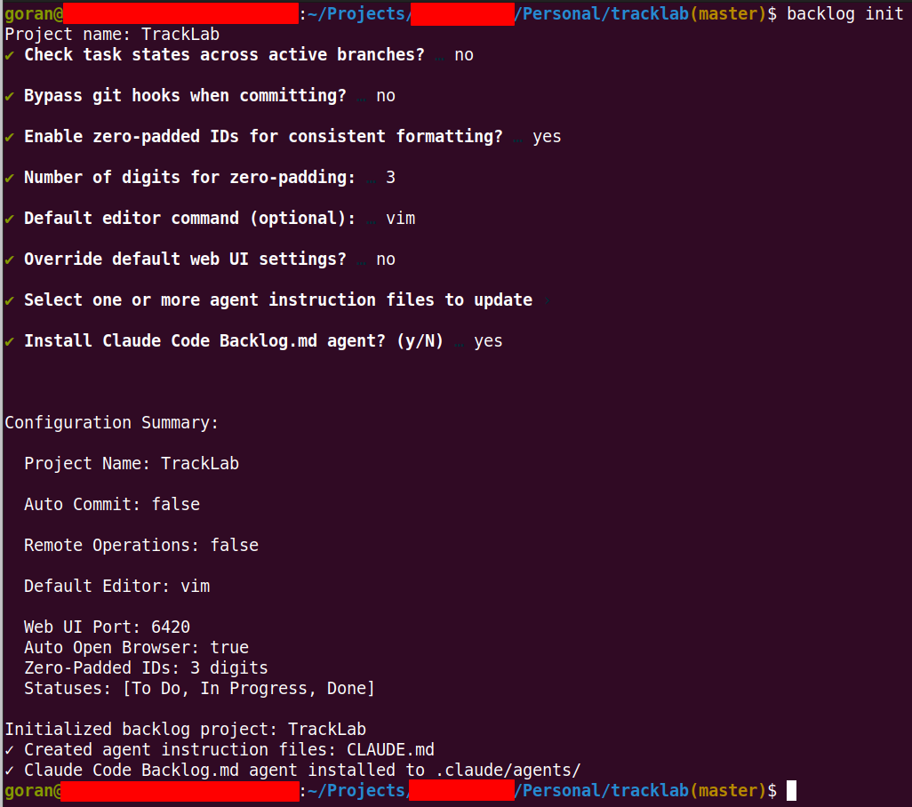 TrackLab - Backlog.md init
